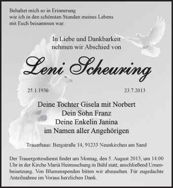 Traueranzeige von Leni Scheuring von Pegnitz-Zeitung